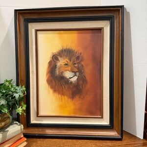 Vintage Lion Oil Painting Canvas Framed Wildlife Art Mid Century Animal